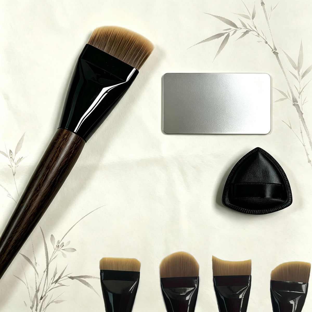 Premium Base Makeup Kit – Foundation Brush, Powder Puff & Makeup Mixing Palette | 4 Brush Shapes Available